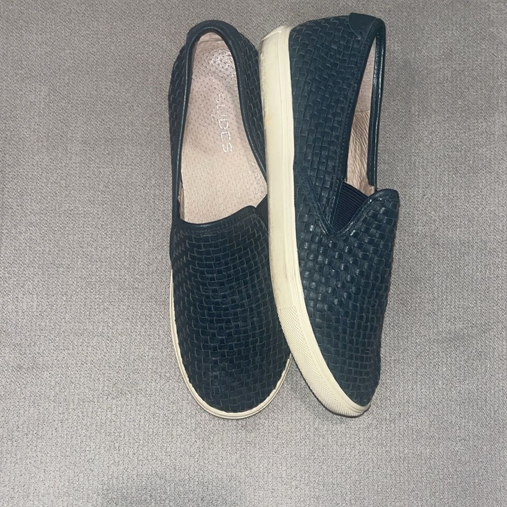 J Slides Halsey woven blue leather slipon shoes